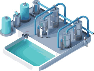 Isometric illustration of industrial water treatment plant, clean water facility, purification system, wastewater management,
