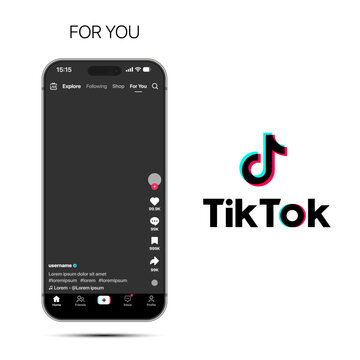 TikTok video reels mockup with logo, music overlay, likes, comments, share icons, live stream, profile view, and interactive short video interface