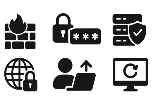 Digital Security Icons. Solid, filled icon set of digital policy elements: firewall, encryption, password, secure server, VPN, user access, data backup,