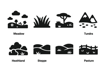 Natural Fields Icons. Solid, filled icon set of natural fields: meadow, grassland, prairie, savanna, tundra, heathland, steppe, pasture. [Line icons in only