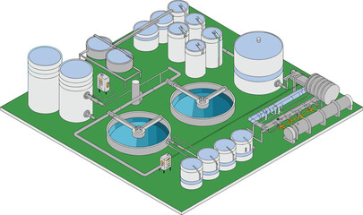 Isometric illustration of industrial water treatment plant, waste management facility, clean water system, filtration tanks,