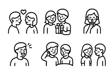 Blush Moments Icons. Outline icon set of blush situations: romantic encounter, compliment, surprise gift, secret, funny joke, nervousness, shy meeting, first