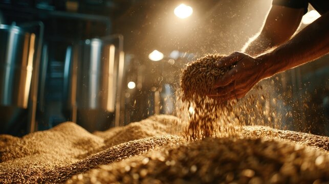 Close-up of a hand pouring grains into a large pile, likely in a brewery. - Powered by Adobe