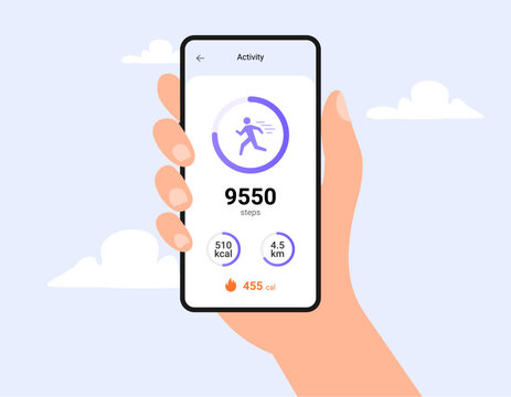 Step counter fitness tracker app design. Walk flat health fit activity vector smart phone watch step counter.
