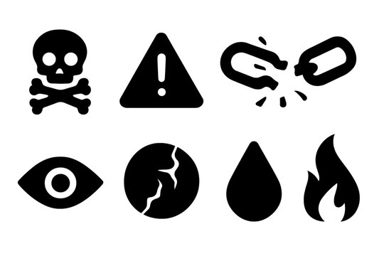 Curse Warning Icons. Solid, filled icon set of curse warnings and signs: skull and crossbones, warning triangle, forbidden sign, broken chain, evil eye,
