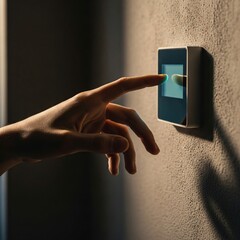 Hand pressing a smart home thermostat on a wall.