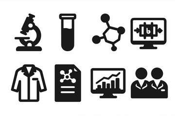 Fototapeta premium Fuel Cell Research Icons. Solid, filled icon set of fuel cell research: microscope, test tube, molecular model, computer simulation, lab coat, scientific