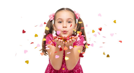 Fototapeta premium Children's day 2025 cute girl blowing heart shaped confetti for valentine's day party celebration on white background