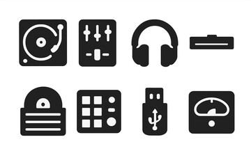 Obraz premium DJ Equipment Icons. Solid, filled icon set of DJ equipment: turntable, mixer, DJ headphones, crossfader, record crate, beat pad, USB stick, BPM meter. Solid,