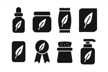 Fototapeta premium Eucalyptus Packaging Icons. Solid, filled icon set of eucalyptus packaging: glass bottle, jar, sachet, box, label, ribbon, cork stopper, pump bottle. Solid,
