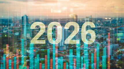 numbers 2026 next to growing financial bar charts and stock graphs, futuristic corporate atmosphere