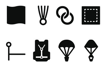 Parachute Components Icons. Solid, filled icon set of parachute materials: nylon fabric, suspension lines, steel rings, stitching, ripcord, container pack,