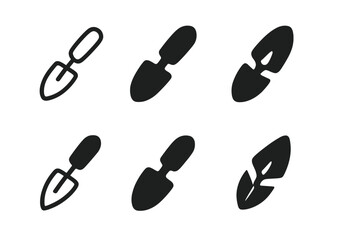 Garden Trowel Icons. Fertile soil. Set Logo of Garden trowel: Garden trowel. Iconic shape, Minimal outline, Filled silhouette, Stylized detail, Negative space,