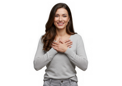 Attractive woman with hands on chest isolated on transparent background