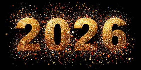 large golden numbers 2026, fireworks exploding, background, confetti falling, festive celebration atmosphere, New Year