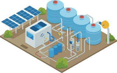 Isometric 3D illustration of modern water treatment plant, wastewater purification facility, clean water process system