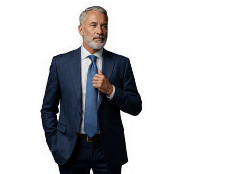 Distinguished businessman adjusting tie isolated on transparent background