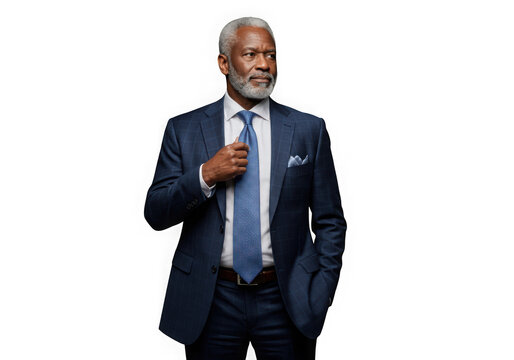 Distinguished black man in suit adjusting tie isolated on transparent background - Powered by Adobe
