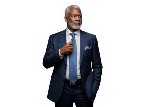 Distinguished black man in suit adjusting tie isolated on transparent background