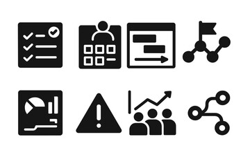Project Management Icons. Solid, filled icon set of project management charts: task progress, resource allocation, timeline, milestone tracker, budget usage,
