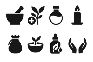 Healer Icons Grid. Solid, filled icon set of healer woman: mortar and pestle, healing herbs, water flask, candle, medicine pouch, wooden bowl, leaf tincture,