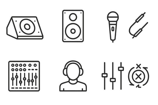 Sound Equipment Icons. Outline icon set of mixer live sound: stage monitor, PA speaker, wireless microphone, audio cable, mixing desk, sound