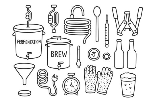 Homebrewing Essentials Doodle. Hand-drawn doodle illustration brewing equipment fermentation bucket, brewing kettle, siphon, airlock, thermometer, hydrometer,
