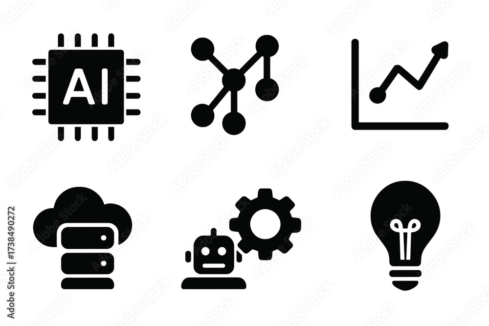 Wall mural machine learning icons. solid, filled icon set of machine learning analytics: ai chip, neural networ