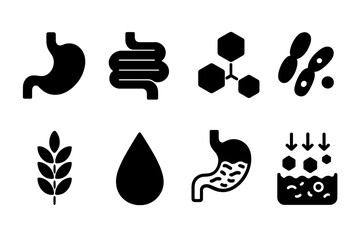 Digestive System Icons. Solid, filled icon set of nourishment digestion: stomach, intestines, enzymes, probiotics, fiber, water, digestion process, nutrient
