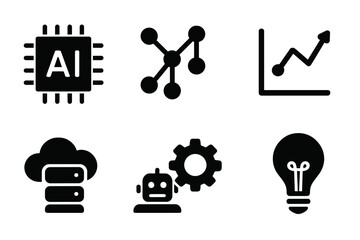 Machine Learning Icons. Solid, filled icon set of machine learning analytics: AI chip, neural network, robot, graph, data cloud, code brackets,