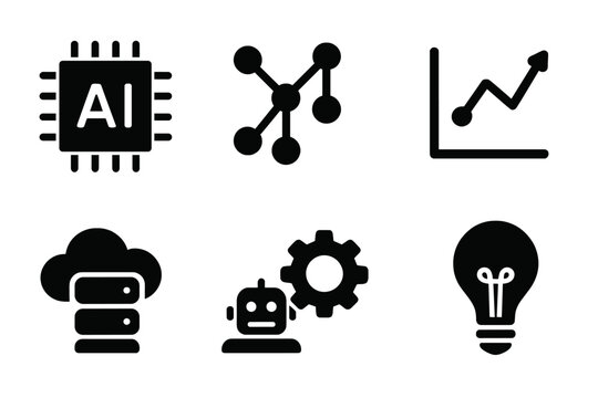 Machine Learning Icons. Solid, filled icon set of machine learning analytics: AI chip, neural network, robot, graph, data cloud, code brackets,