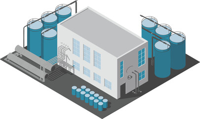 Minimalist isometric illustration of industrial water purification plant, factory tanks, storage barrels, clean energy