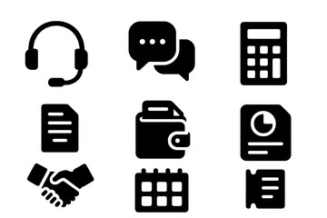 Credit Counseling Icons. Solid, filled icon set of credit counseling support: headset, speech bubbles, calculator, contract, wallet, handshake, calendar,