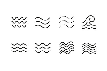 Fototapeta premium Nature Icon Sets. Outline icon set of water nature: river, waterfall, fish, water droplet, lily pad, seashell, waves, boat. Line icons in only black color,