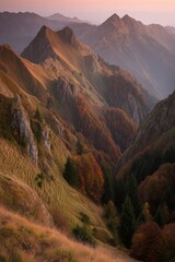 sunset over autumn mountains, rolling hills covered with colorful forests