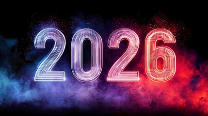 glowing futuristic numbers 2026 shining in the smoke and fire behind