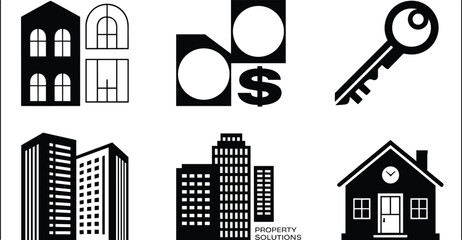 Minimalist real estate icons set, black and white building, house, apartment, key, property, finance, vector elements for branding