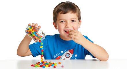Children's day 2025 happy boy eating jelly beans pouring from jar delicious colorful candy sweet treat child enjoying snack time