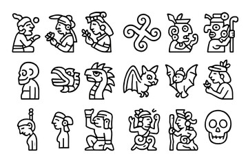 Obraz premium Mayan Mythology Icons. Mayan Mythology. Line icon set of Mayan Mythology: Itzamna, Ix Chel, Hunab Ku, Chaac, Ah Puch, Kukulkan, Camazotz, Yum Kaax, Ix Tab,