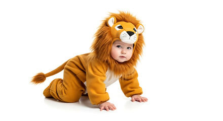 Children's day 2025 adorable infant in lion costume crawling on white background for baby halloween costume ideas and cute baby photos