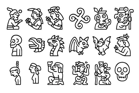 Mayan Mythology Icons. Mayan Mythology. Line icon set of Mayan Mythology: Itzamna, Ix Chel, Hunab Ku, Chaac, Ah Puch, Kukulkan, Camazotz, Yum Kaax, Ix Tab,
