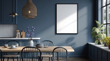 Elegant dining room, blue walls, wooden table, bright window light, plants, modern design