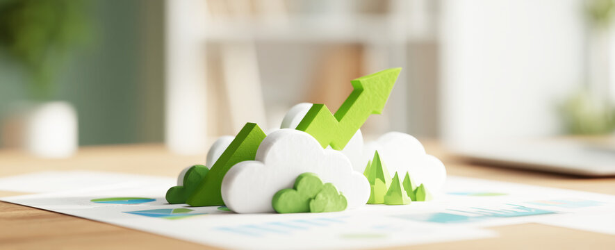 Green economy growth arrow rising from clouds. Eco-friendly business success and sustainable finance data visualization