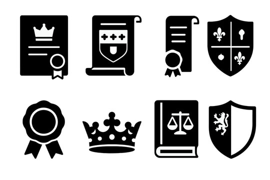 Peerage Icon Set. Solid, filled icon set of peerage documents: title deed, peerage patent, scroll, coat of arms, wax seal, coronet, legal book, heraldic