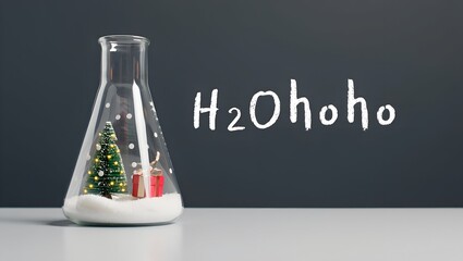 Christmas chemistry concept with a festive glass flask labeled h2ohoho, science humor for the holidays