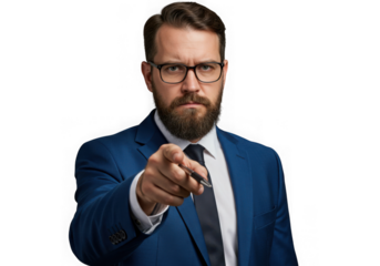 Serious businessman pointing finger isolated on transparent background