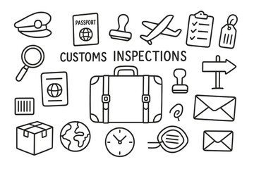 Customs Icons Doodle. Hand-drawn doodle illustration Customs inspections suitcase, passport, stamp, magnifying glass, airplane, clipboard, checklist, officer
