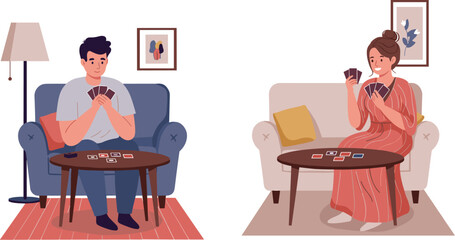 Smiling Couple Playing Card Game at Home, Leisure Activity, Indoor Fun, Weekend Hobby, Relaxation, Friends Gathering and Cozy Living Room Vector

.