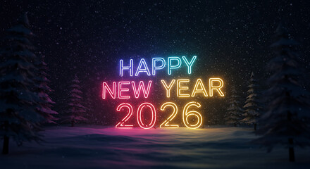 Neon New Year's Eve Celebration: Capturing the vibrant energy of the new year, this image showcases a stunning neon sign against a snowy backdrop, celebrating the arrival of 2026. 