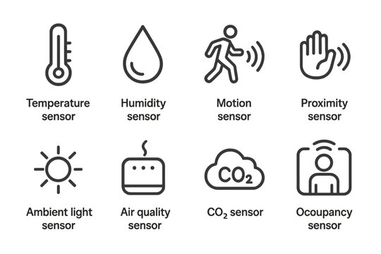 Sensor Icons Grid. Outline icon set of thermostat sensors: temperature sensor, humidity sensor, motion sensor, proximity sensor, ambient light sensor, air